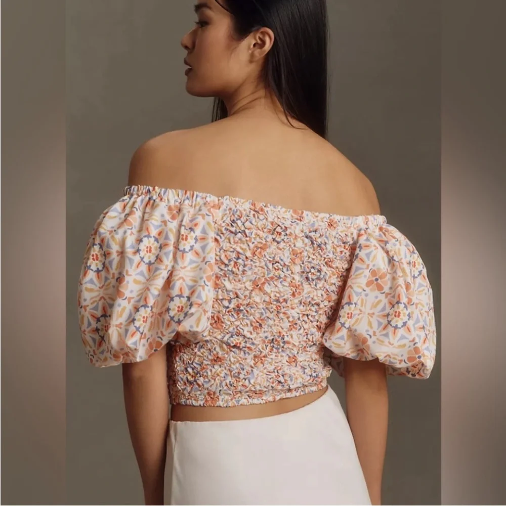 Anthropologie DOLAN Off The Shoulders Textured Floral Top Puff Sleeves Small